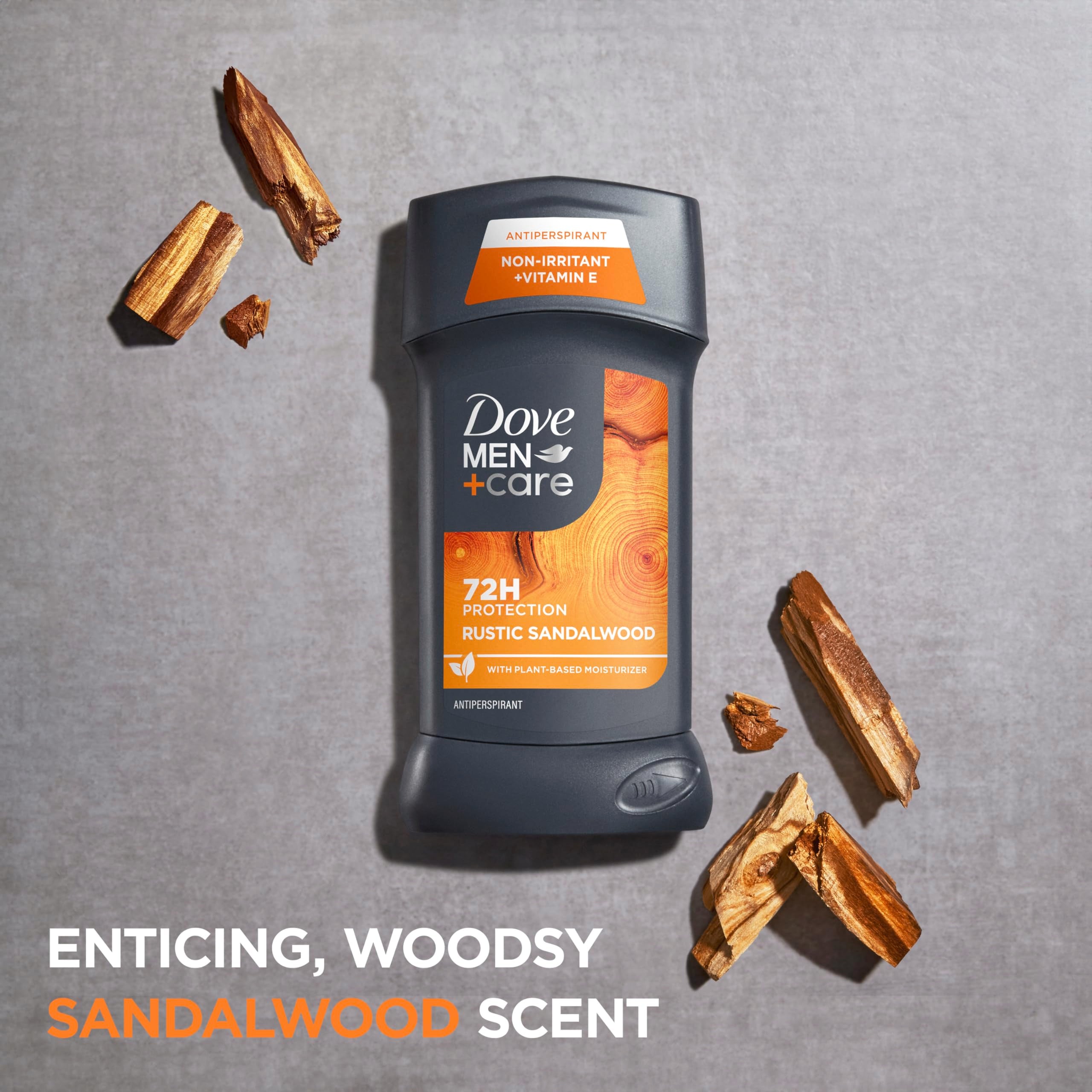 Dove Men+Care Rustic Sandalwood ingredients image emphasizes vitamin E and plant moisturizers