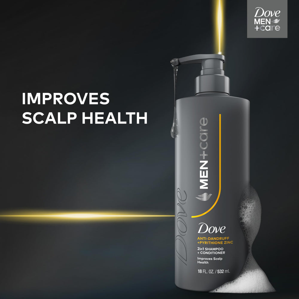 DOVE MEN+CARE scalp-care visual suggests healthier-looking hair with regular use.