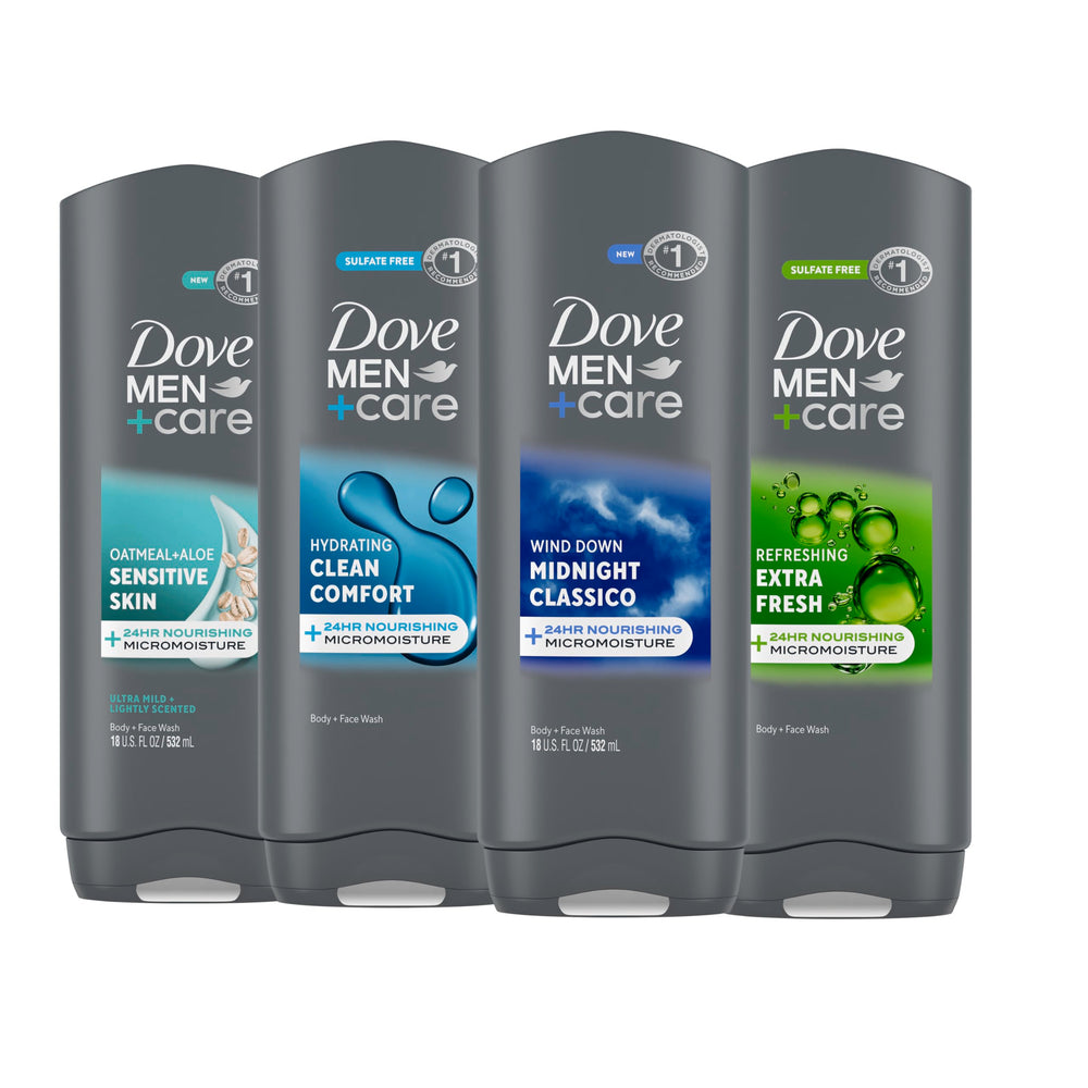 DOVE MEN + CARE Sensitive Skin Body Wash bottle for daily moisturization.