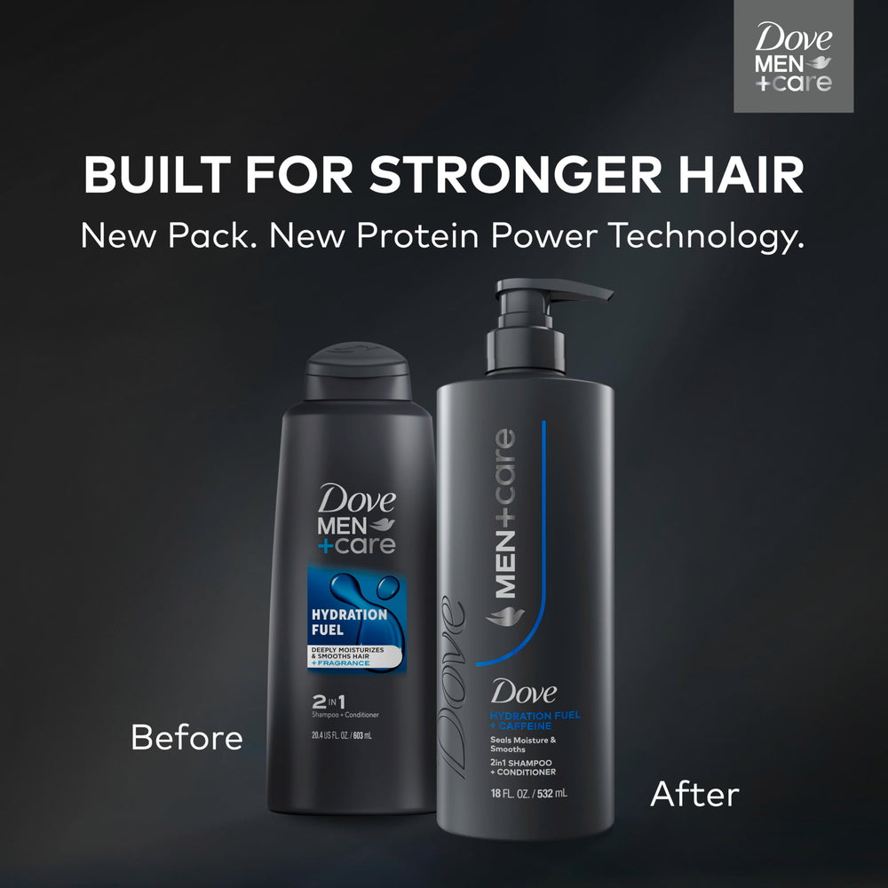 Close-up of Dove Men+Care bottle highlights Protein Power for stronger hair