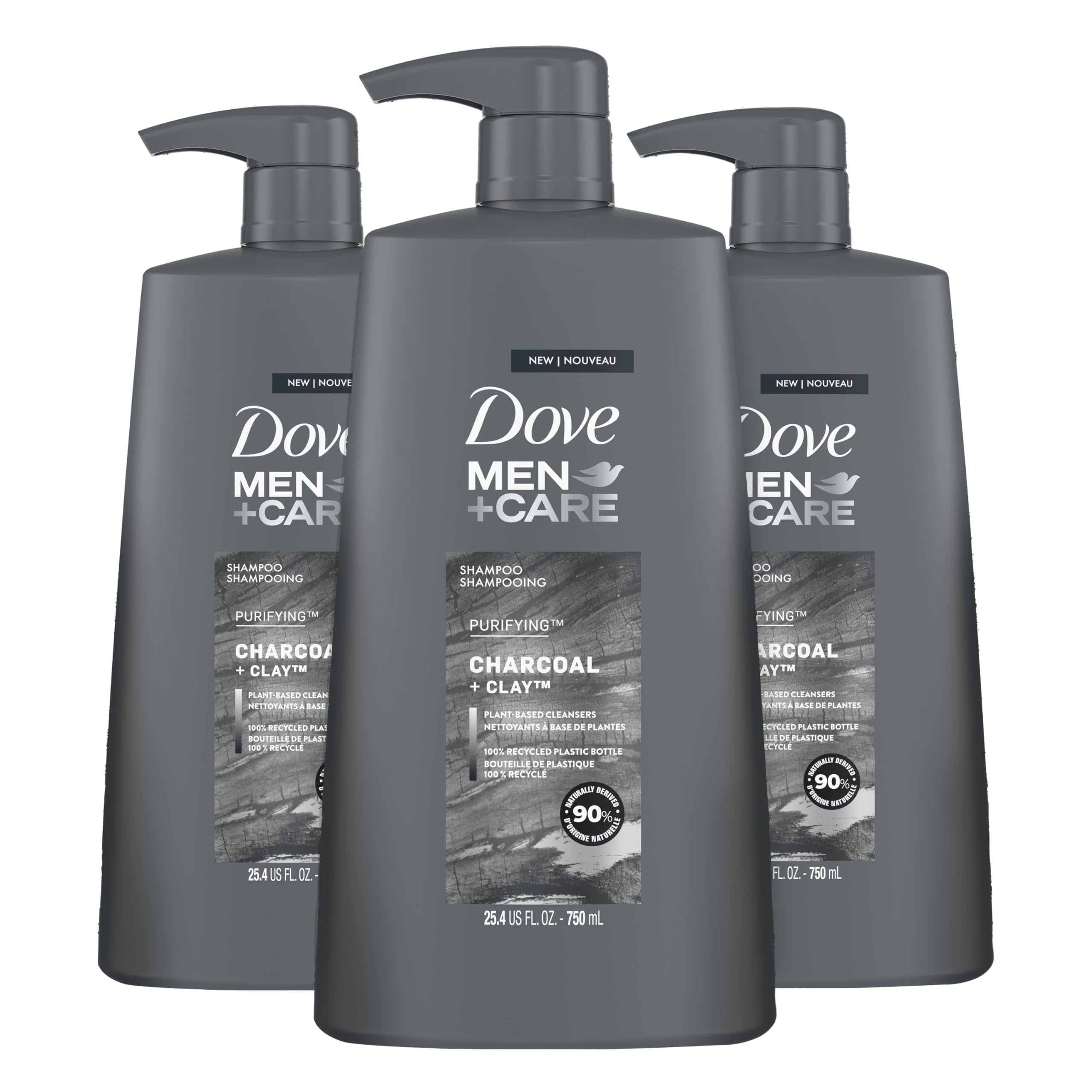 DOVE Men + Care Charcoal + Clay shampoo bottle front view for purified, healthy-looking hair