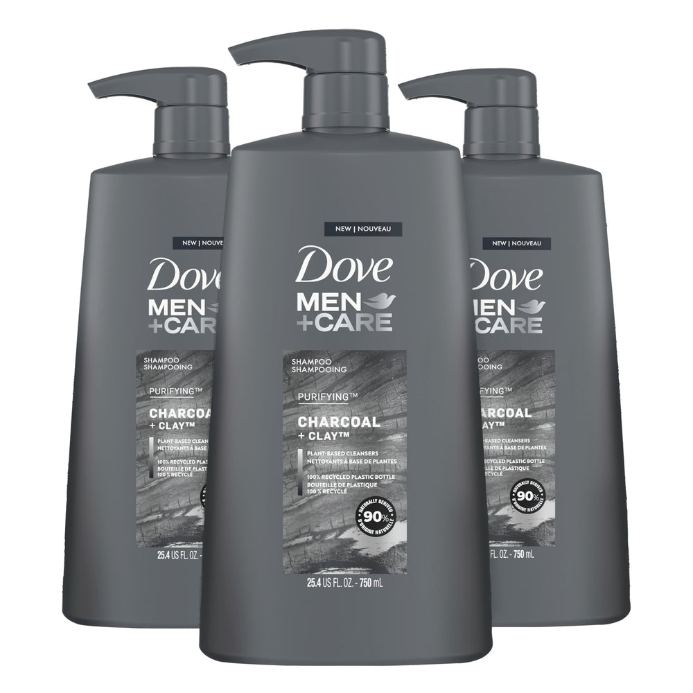 DOVE Men + Care Charcoal + Clay shampoo bottle front view for purified, healthy-looking hair