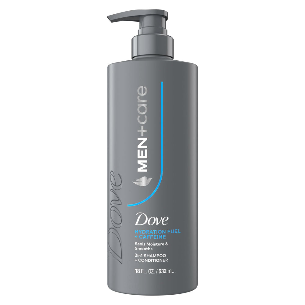 Front view of Dove Men+Care Hydration Shampoo bottle for smooth, hydrated hair