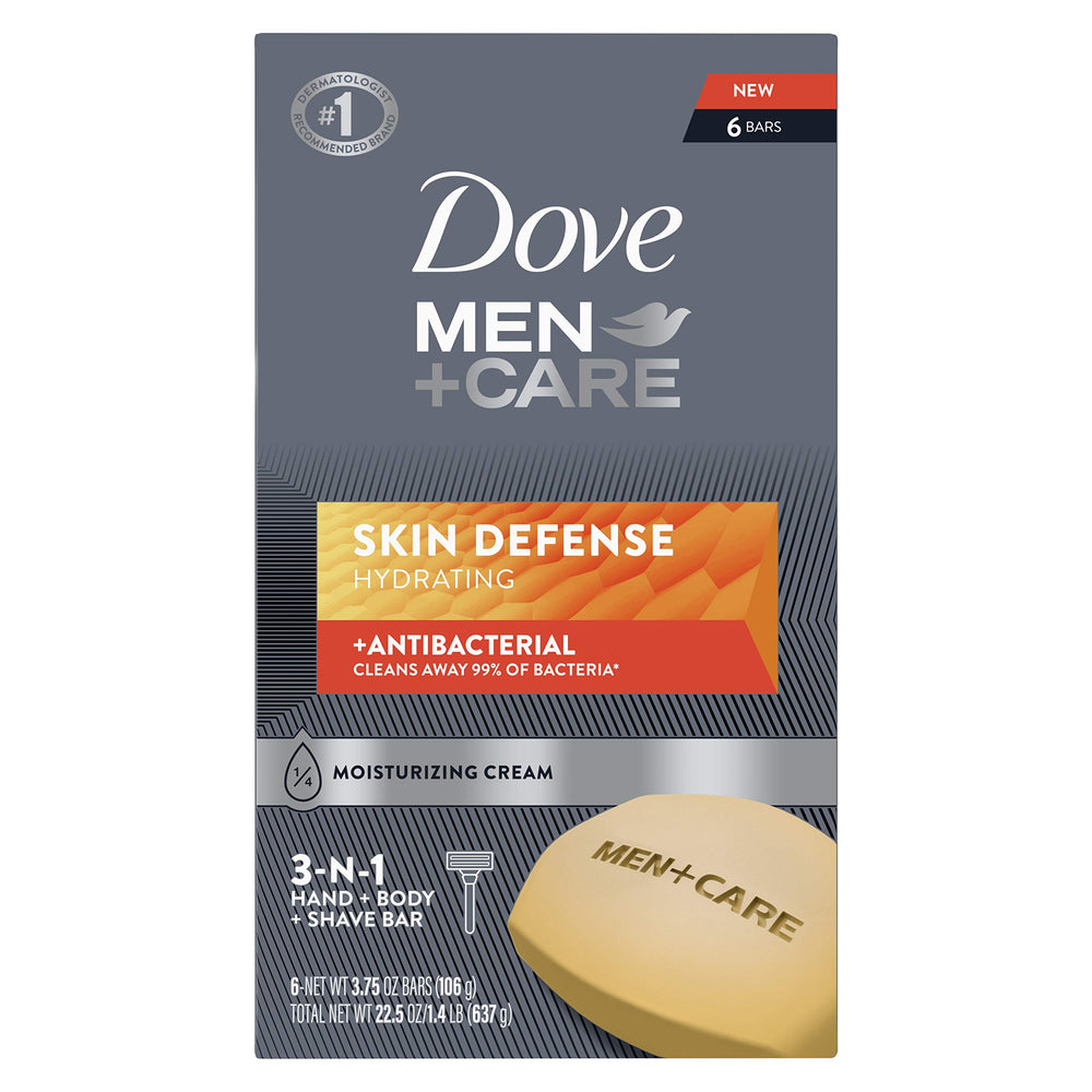 Dove Men+Care Skin Defense bar packaging with six bars for daily cleansing