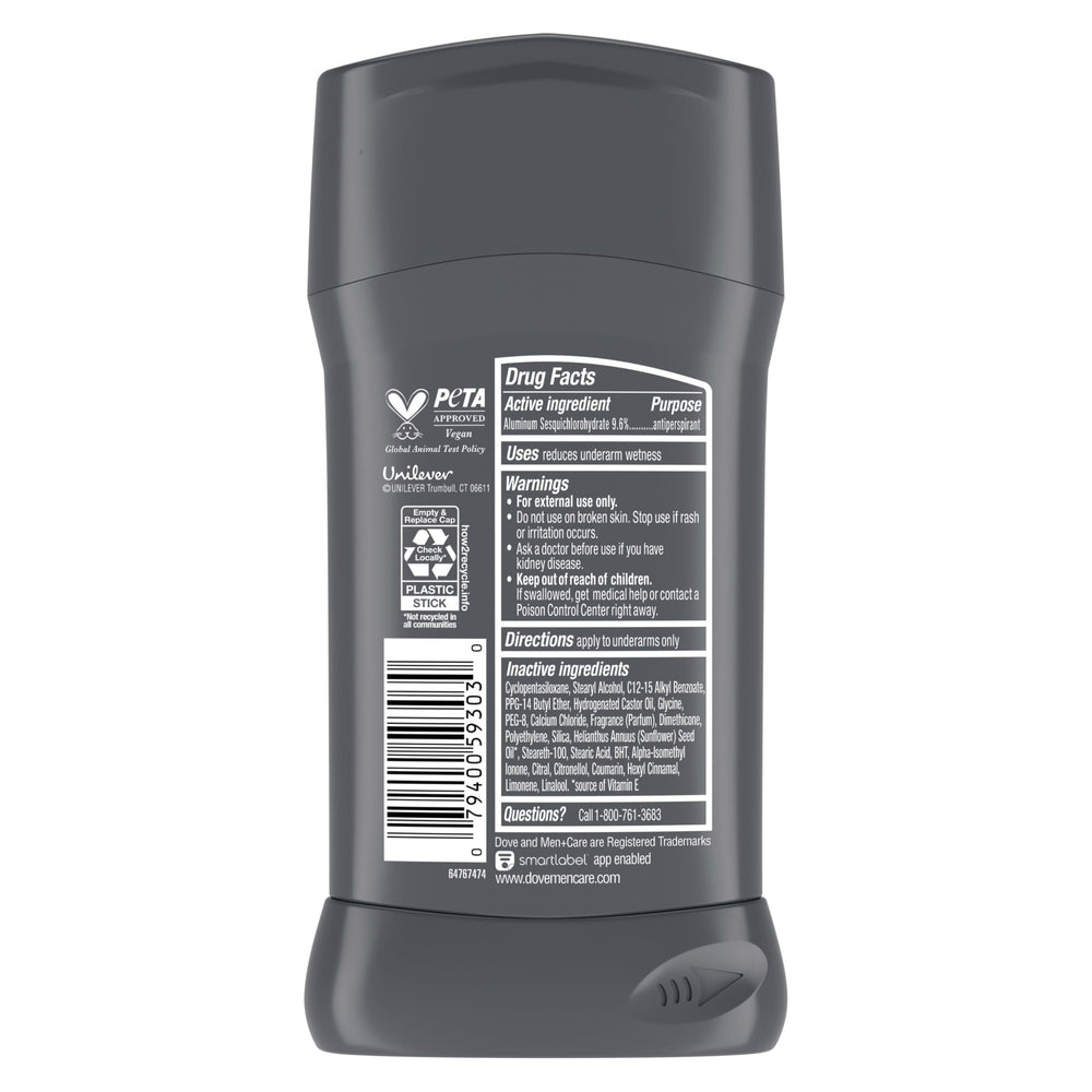 Four-pack packaging of Dove Men+Care Stain Defense Clean for convenient protection on the go.