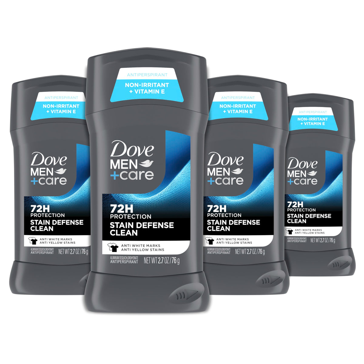 Front view of Dove Men+Care Stain Defense Clean deodorant stick in a 4-pack for daily protection.