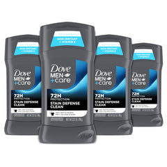 Front view of Dove Men+Care Stain Defense Clean deodorant stick in a 4-pack for daily protection.