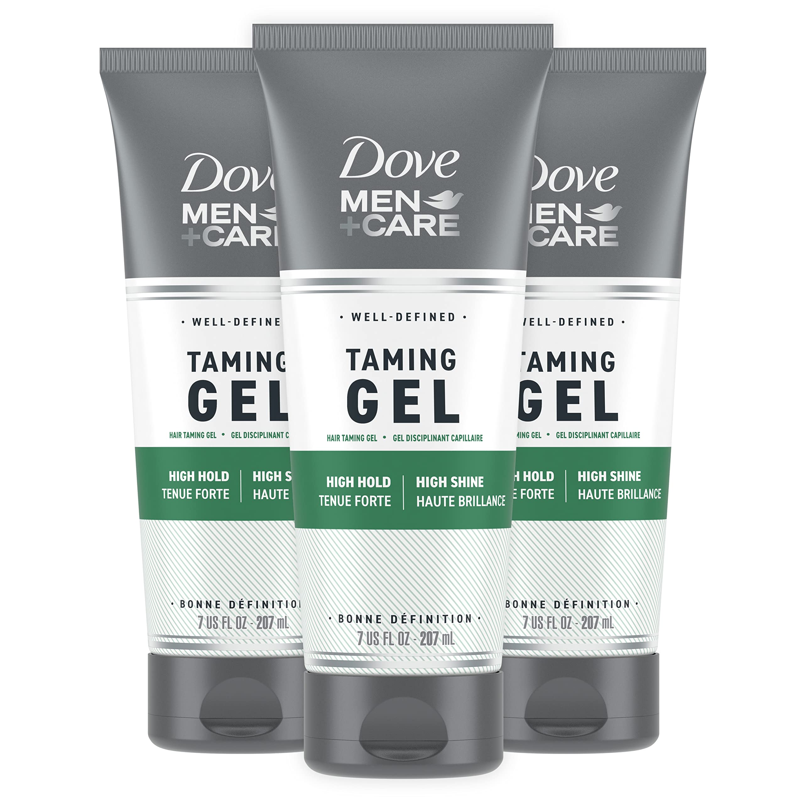 Dove Men+Care Styling Gel bottle showing strong hold for a controlled look.
