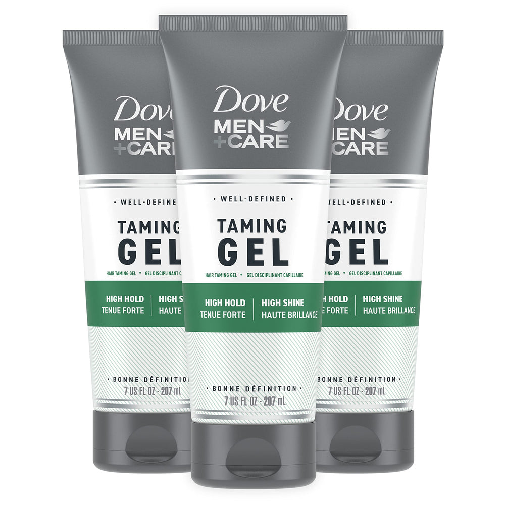 Dove Men+Care Styling Gel bottle showing strong hold for a controlled look.