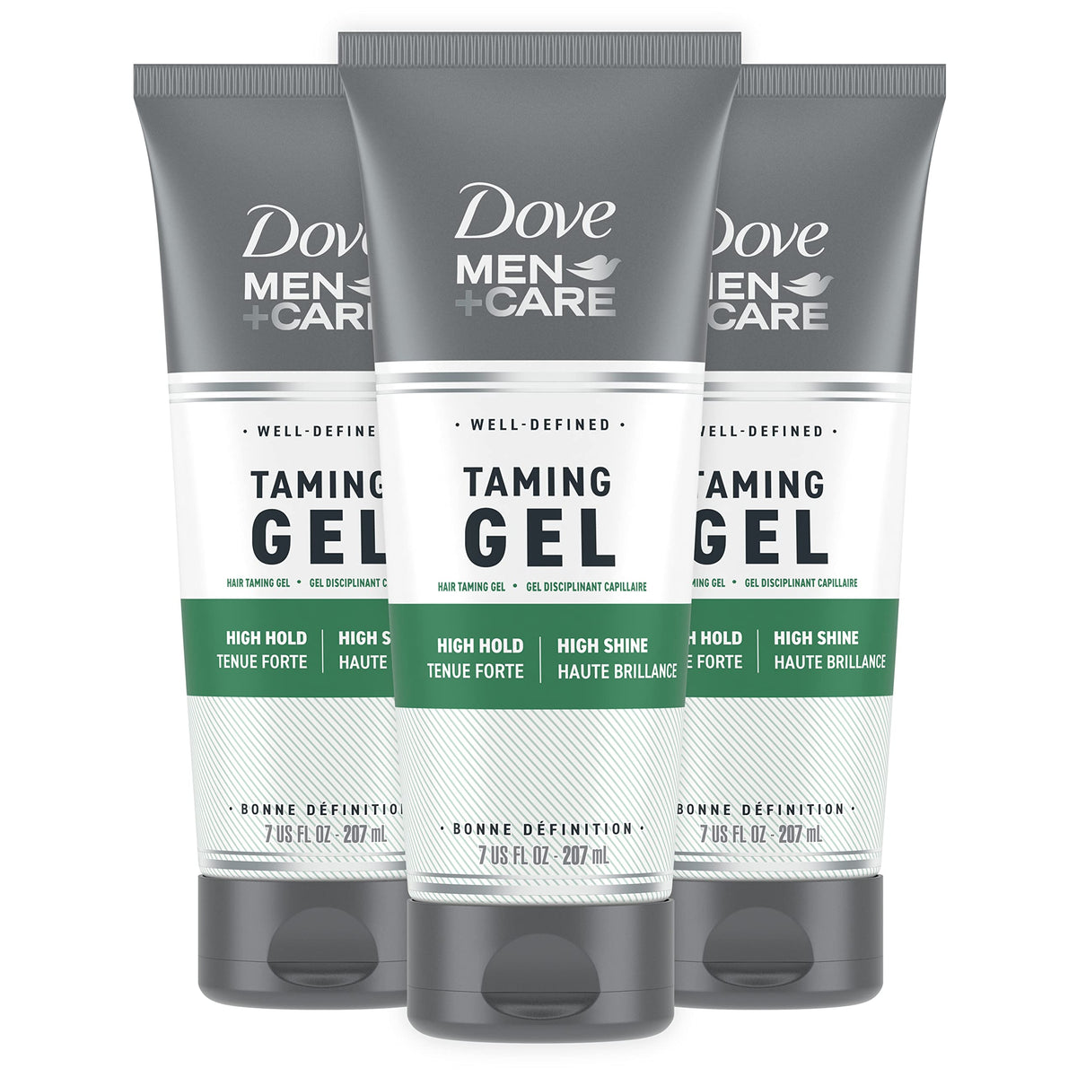 Dove Men+Care Styling Gel bottle showing strong hold for a controlled look.