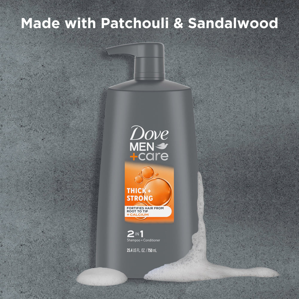 DOVE MEN+CARE hair-fiber illustration shows strengthened roots and fuller appearance