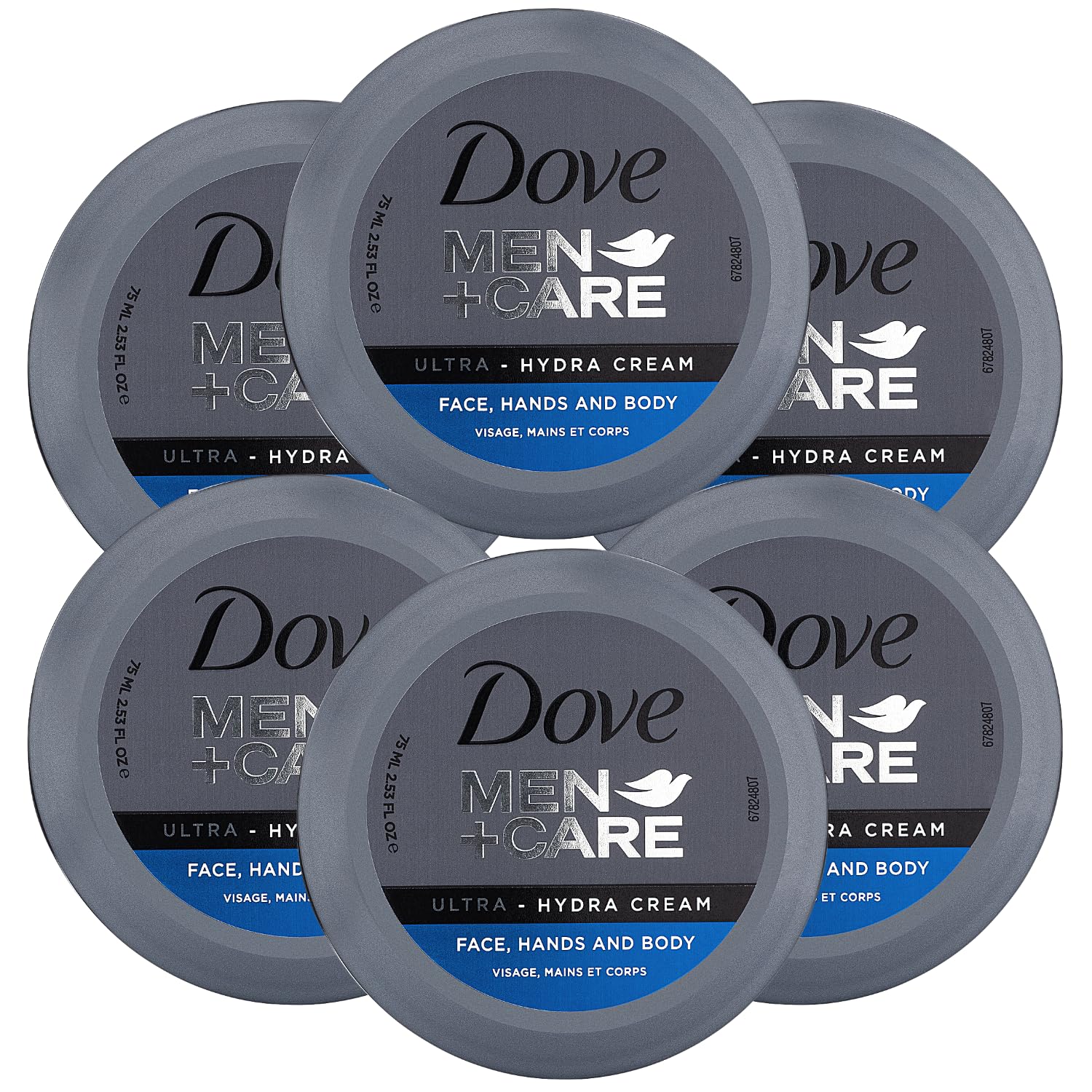 Dove Men+Care Ultra Hydra Cream bottle front shows all-over hydration for all skin types.