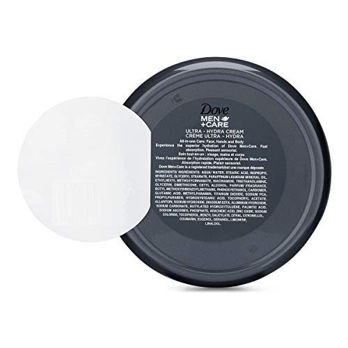 Dove Men+Care Ultra Hydra Cream hand application demonstrates fast-absorbing moisture.