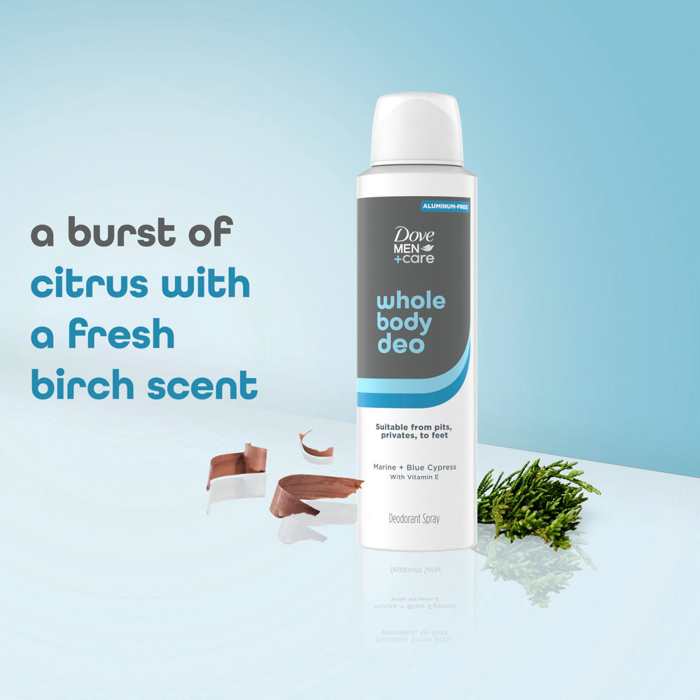 Dove Men+Care Whole Body Deo dermatologist-tested formula for gentle odor control.