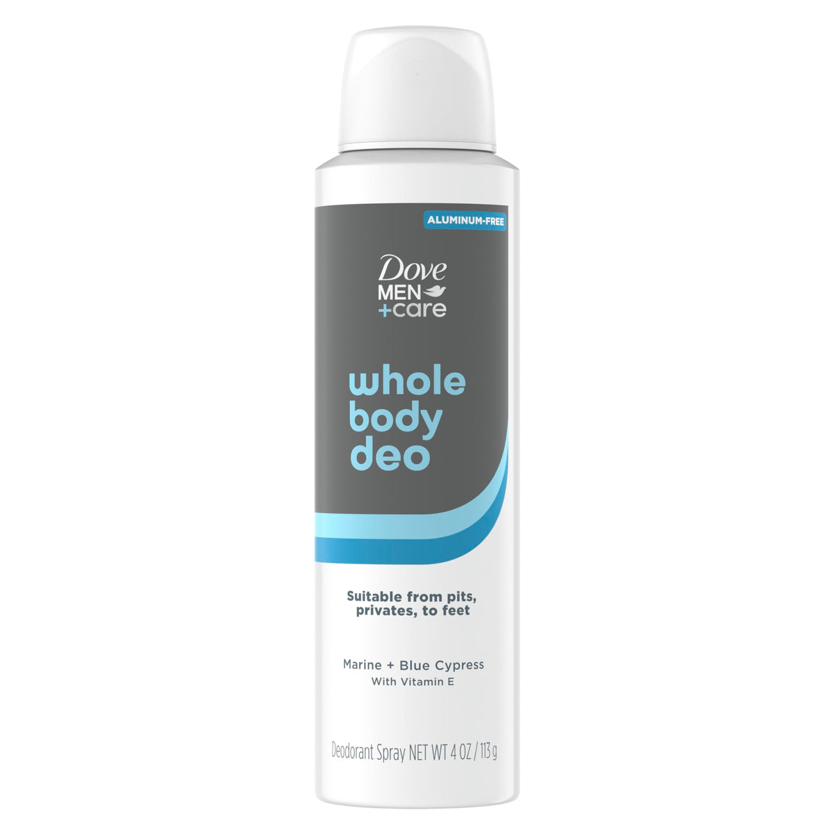 Dove Men+Care Whole Body Deo spray showing all-over odor protection.