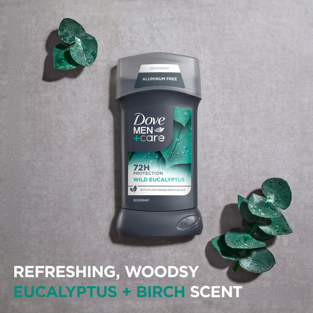 Application shot of Dove Men+Care Wild Eucalyptus deodorant stick.