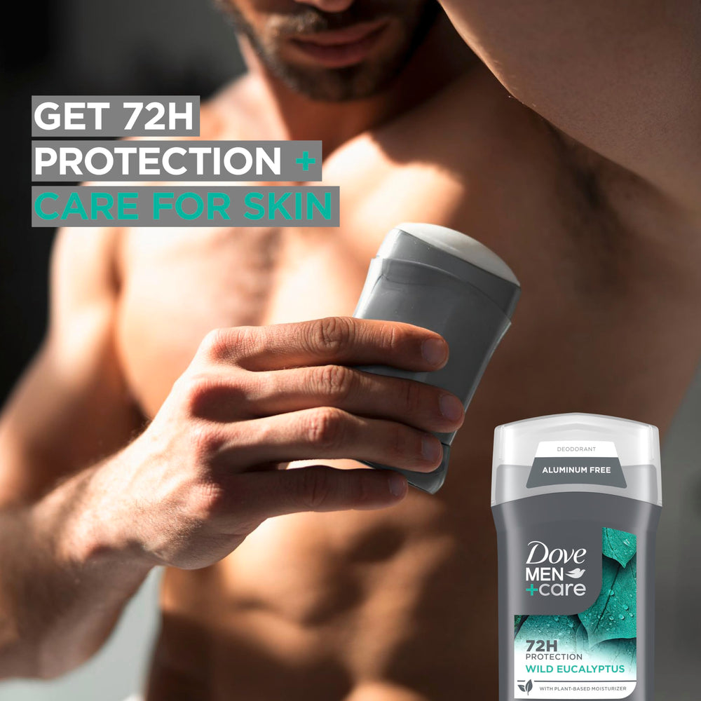 Dove Men+Care Wild Eucalyptus deodorant stick in a bag for on-the-go freshness.