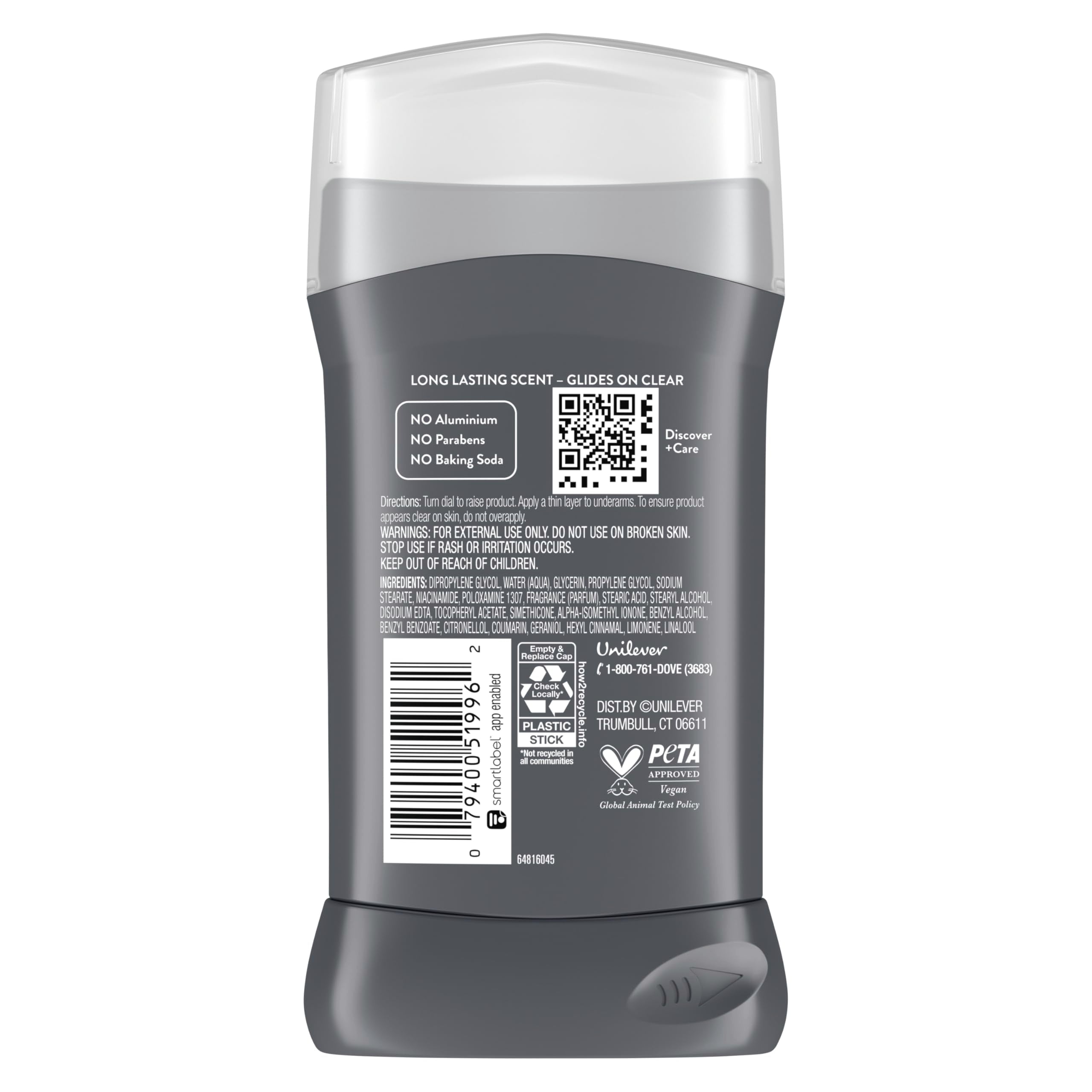 Close-up of the Dove Men+Care Wild Eucalyptus label on the deodorant stick.