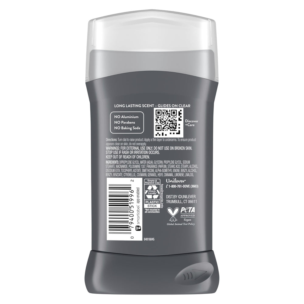 Close-up of the Dove Men+Care Wild Eucalyptus label on the deodorant stick.