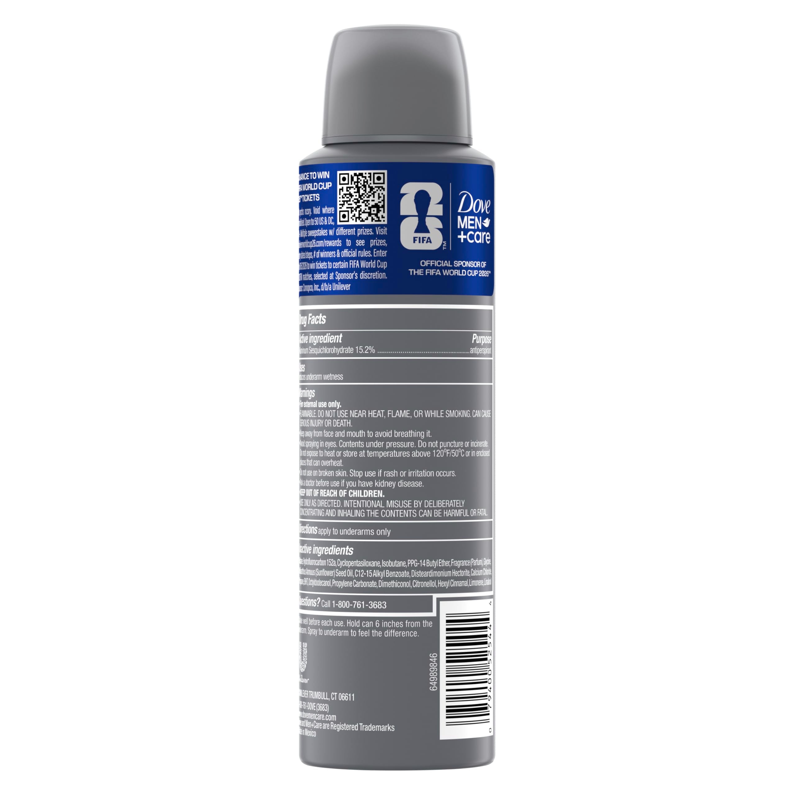 Dove Men+Care FIFA edition bottle features warm scent for daily sophistication.