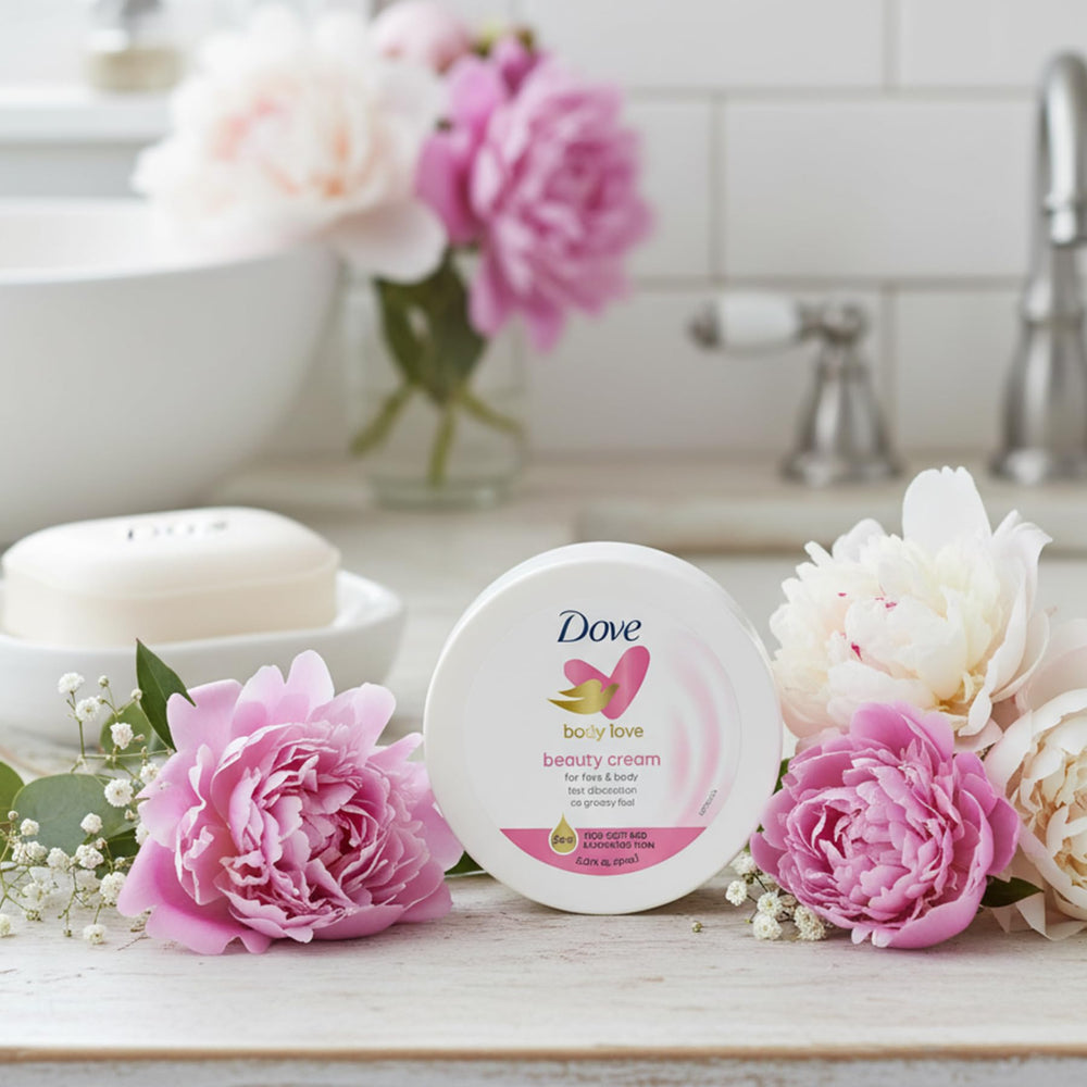 Dove Nourishing Body Care 4-pack packaging on display for everyday moisturization.