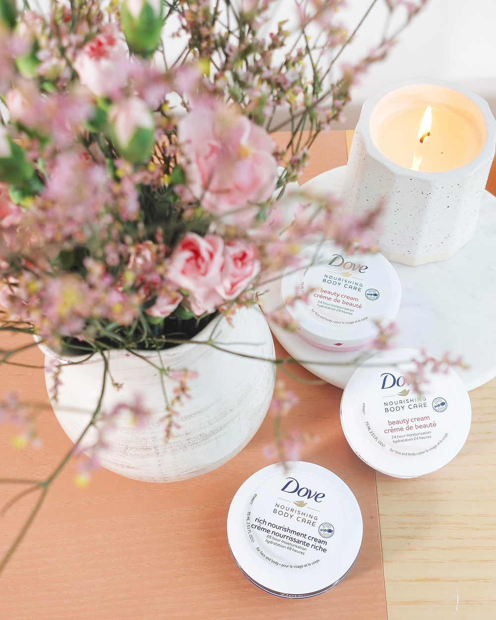 Dove Nourishing Body Care non-greasy formula leaves skin smooth and light.