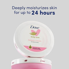 Dove Nourishing Body Care cream texture swatch shows creamy finish.