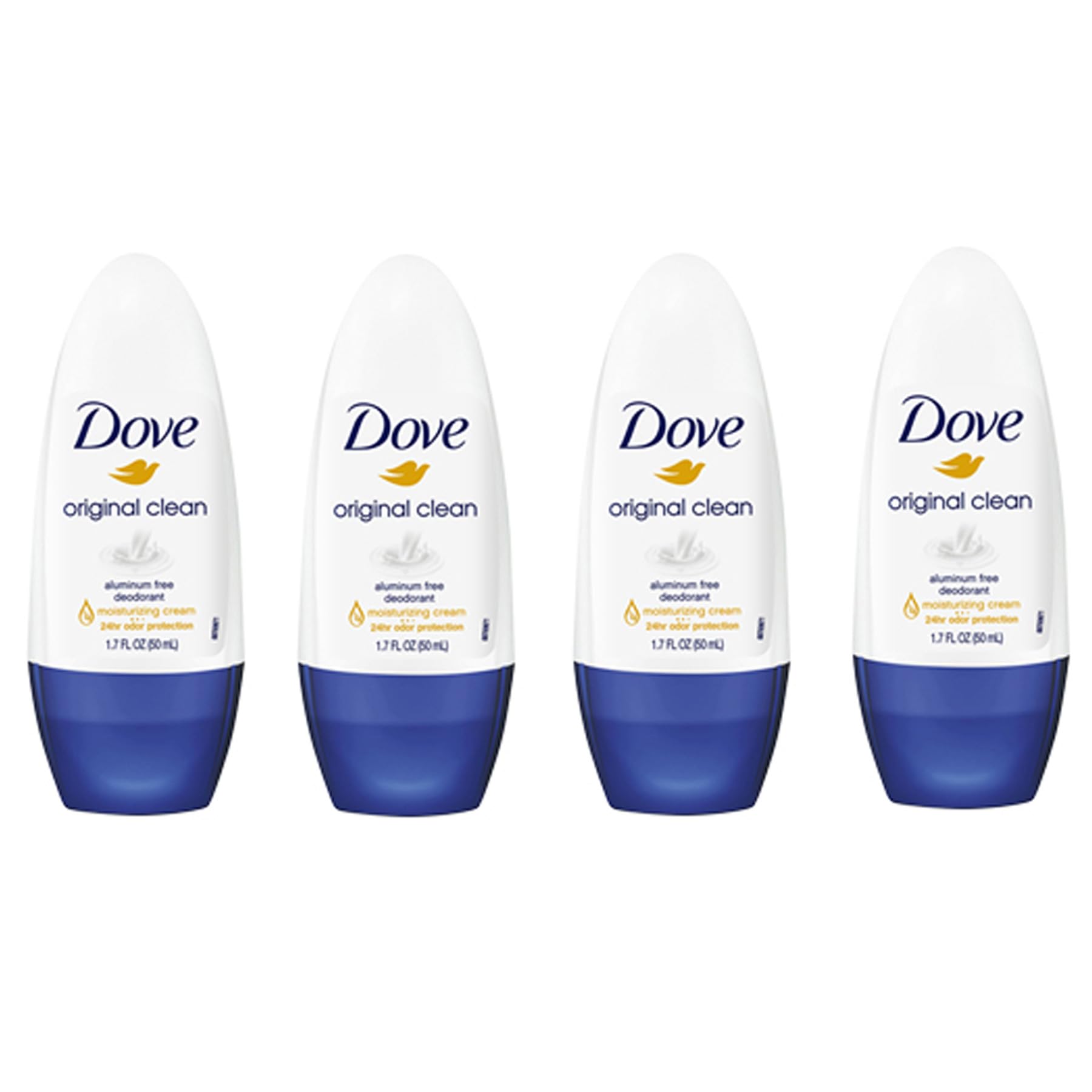Dove Original Clean roll-on 4-pack box shows aluminum-free formula for all-day freshness.