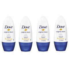 Dove Original Clean roll-on 4-pack box shows aluminum-free formula for all-day freshness.