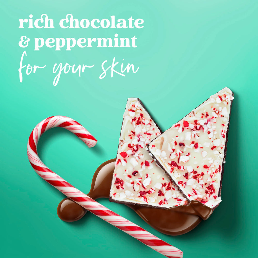 Dove Peppermint Bark label close-up conveys festive limited edition appeal.