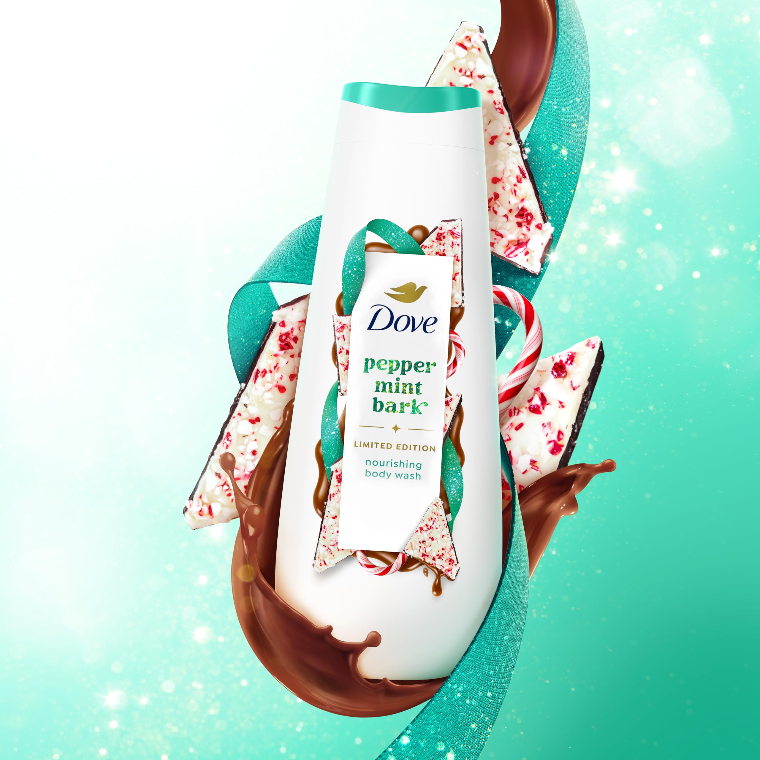 Dove Peppermint Bark packaging emphasizes 100% recycled bottle.