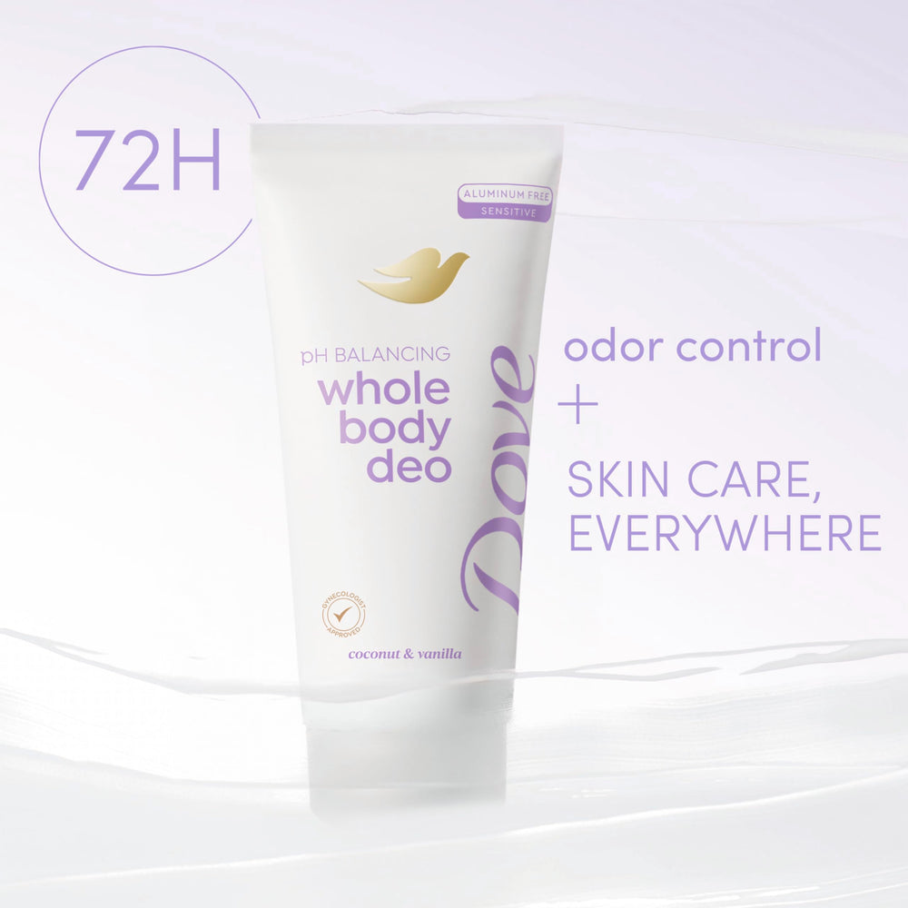 Dove pH-balancing lactic-acid close-up highlights skin-friendly odor management.