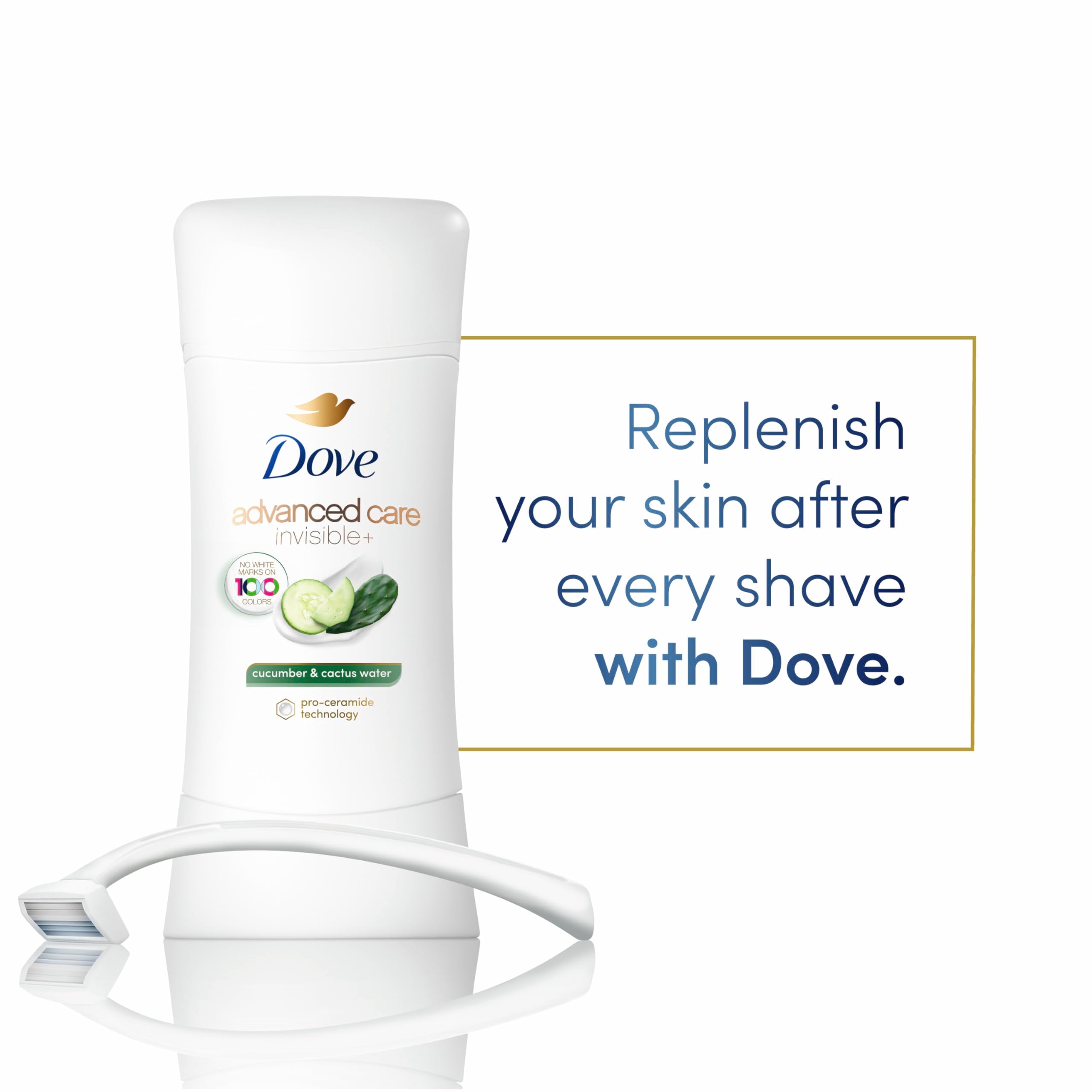 Dove ProCeramide Technology boosts ceramides to support skin barrier after shaving.