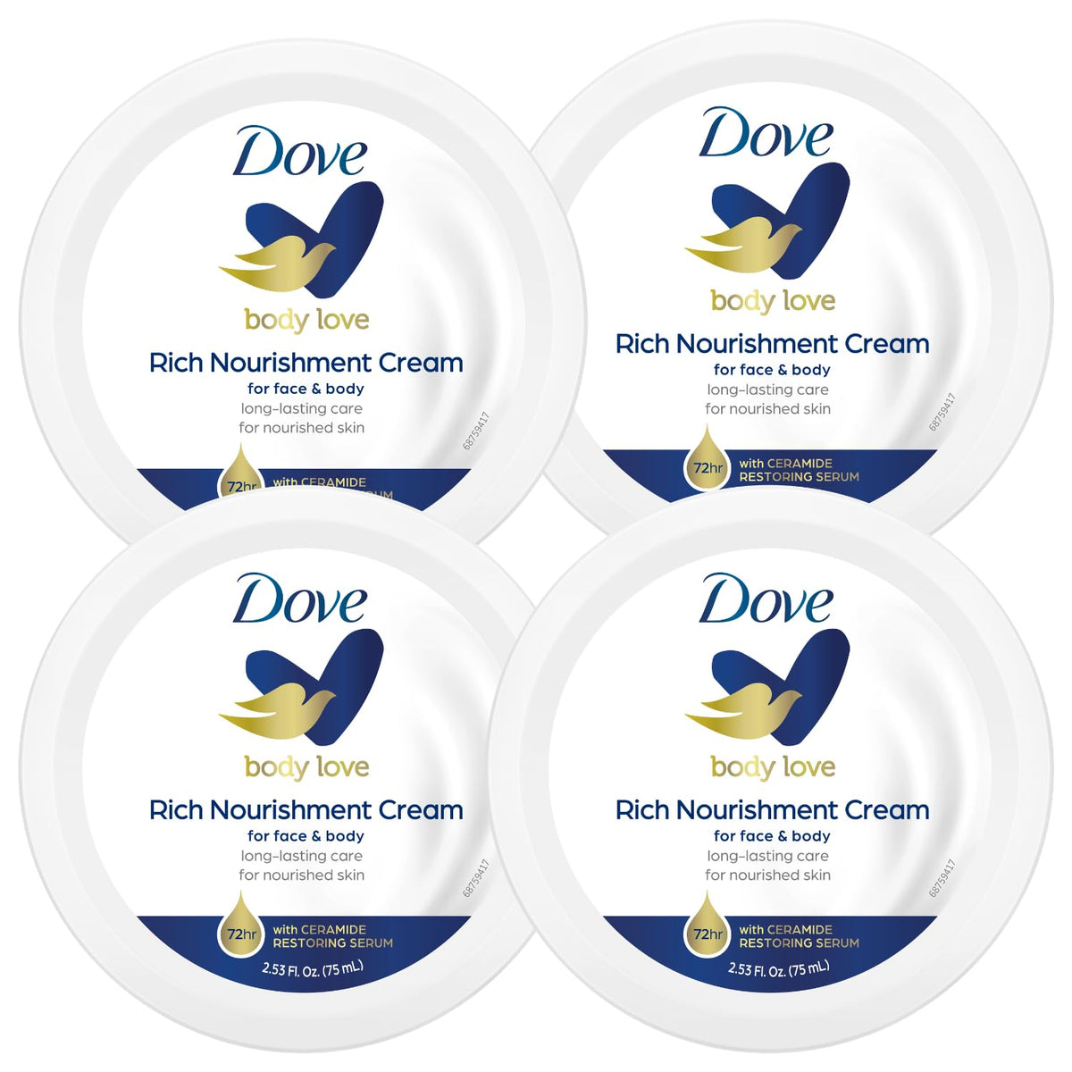 Dove Rich Nourishing Cream jar close-up showing a non-greasy, deeply hydrating texture.