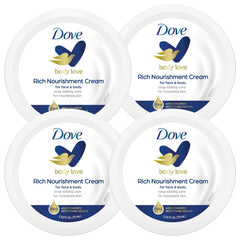 Dove Rich Nourishing Cream jar close-up showing a non-greasy, deeply hydrating texture.