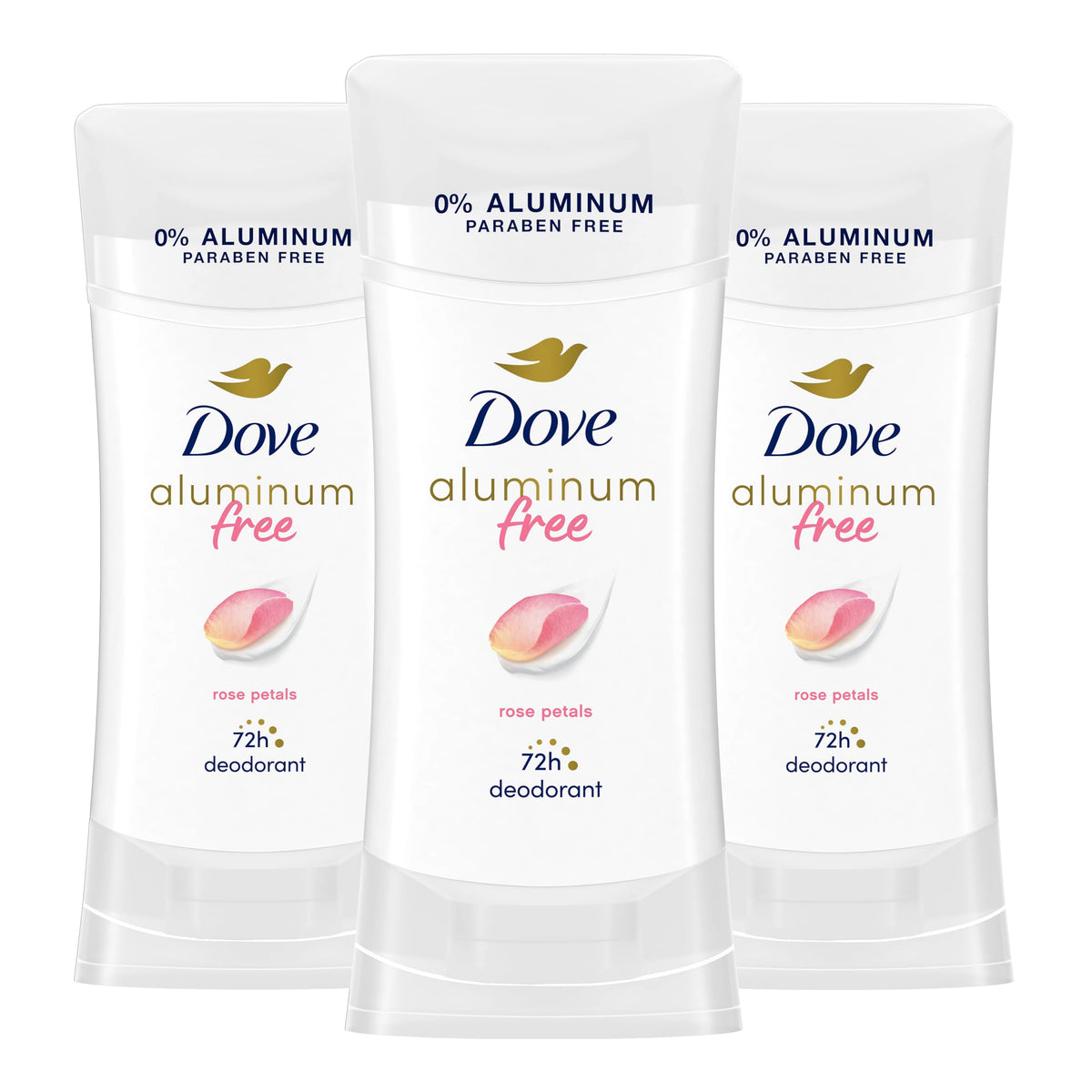 Dove Rose Petals aluminum-free deodorant stick provides daily protection.