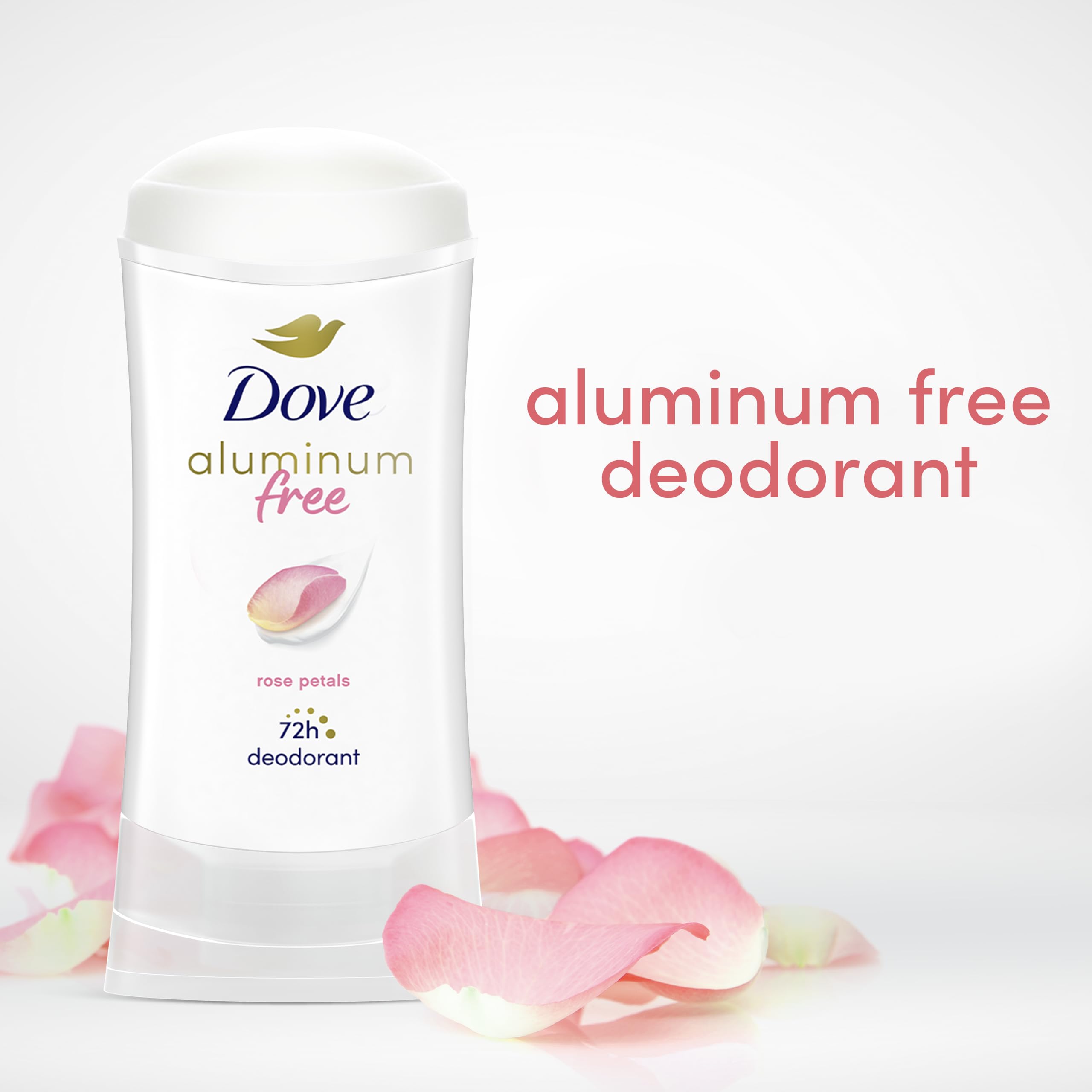 Compact on-the-go packaging of Dove Rose Petals deodorant stick.