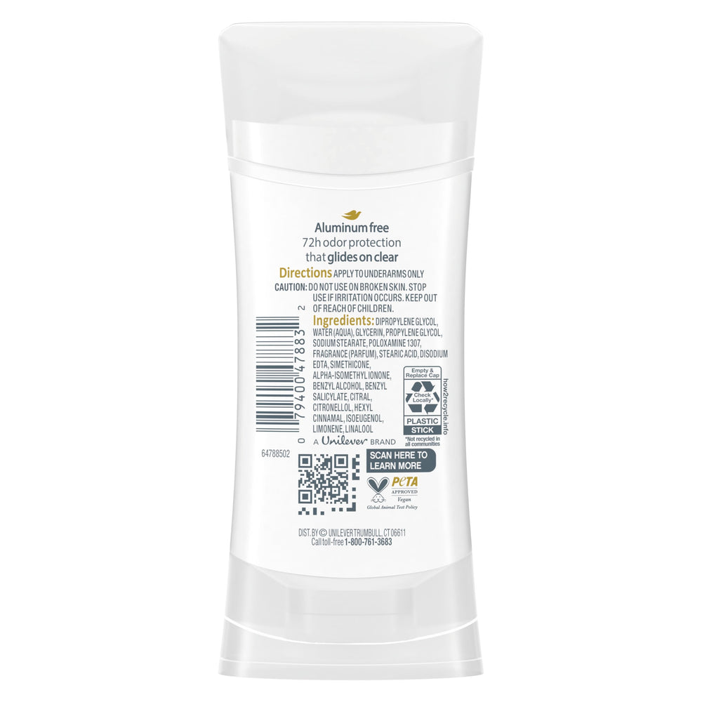 Dove Rose Petals scent with aluminum-free 48-hour odor protection.