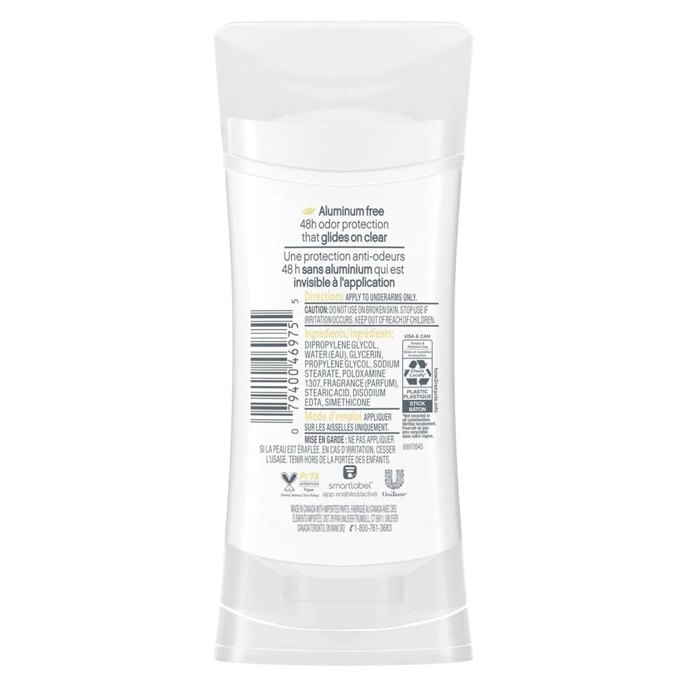Dove 0% aluminum deodorant stick being applied for a gentle, effective odor shield.