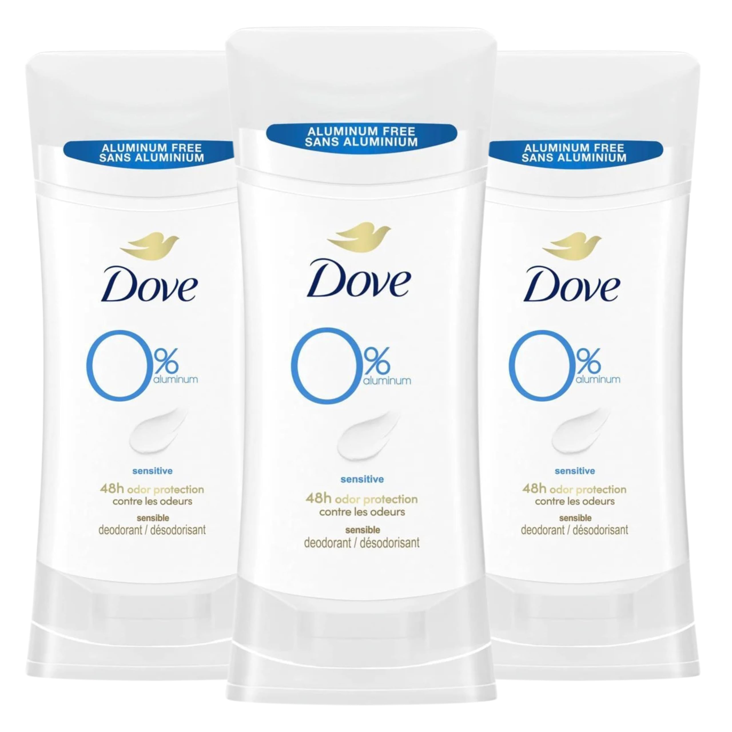 Dove 0% aluminum deodorant bottle for sensitive skin with long-lasting odor protection.
