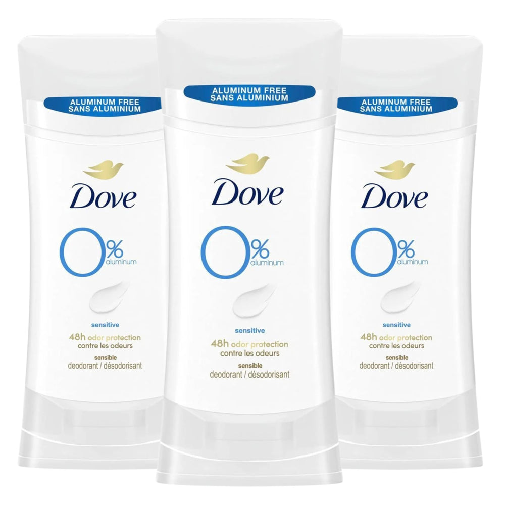 Dove 0% aluminum deodorant bottle for sensitive skin with long-lasting odor protection.
