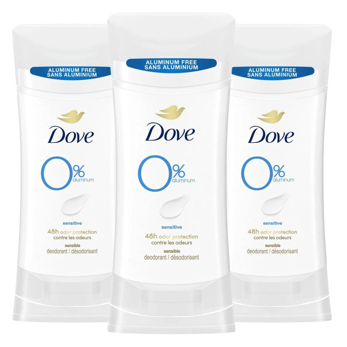 Dove 0% aluminum deodorant bottle for sensitive skin with long-lasting odor protection.