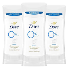 Dove 0% aluminum deodorant bottle for sensitive skin with long-lasting odor protection.