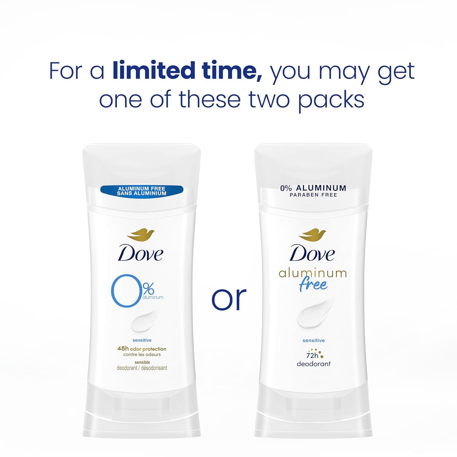 Dove sensitive aluminum-free deodorant packaging shows compact travel-ready design.