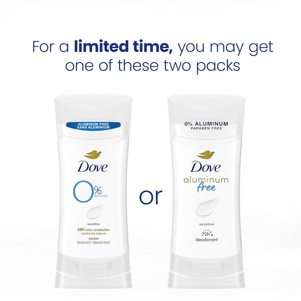 Dove sensitive aluminum-free deodorant packaging shows compact travel-ready design.