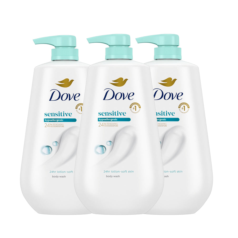 Dove Sensitive Skin bottle top showing gentle cleanse for daily showers
