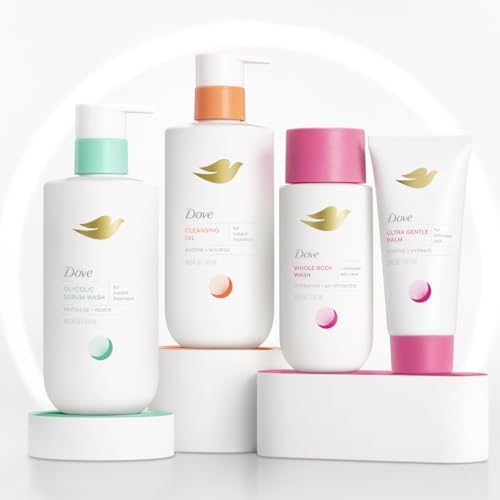 Dove Shower Body Oil Wash packaging showcased beside a loofah and towel.