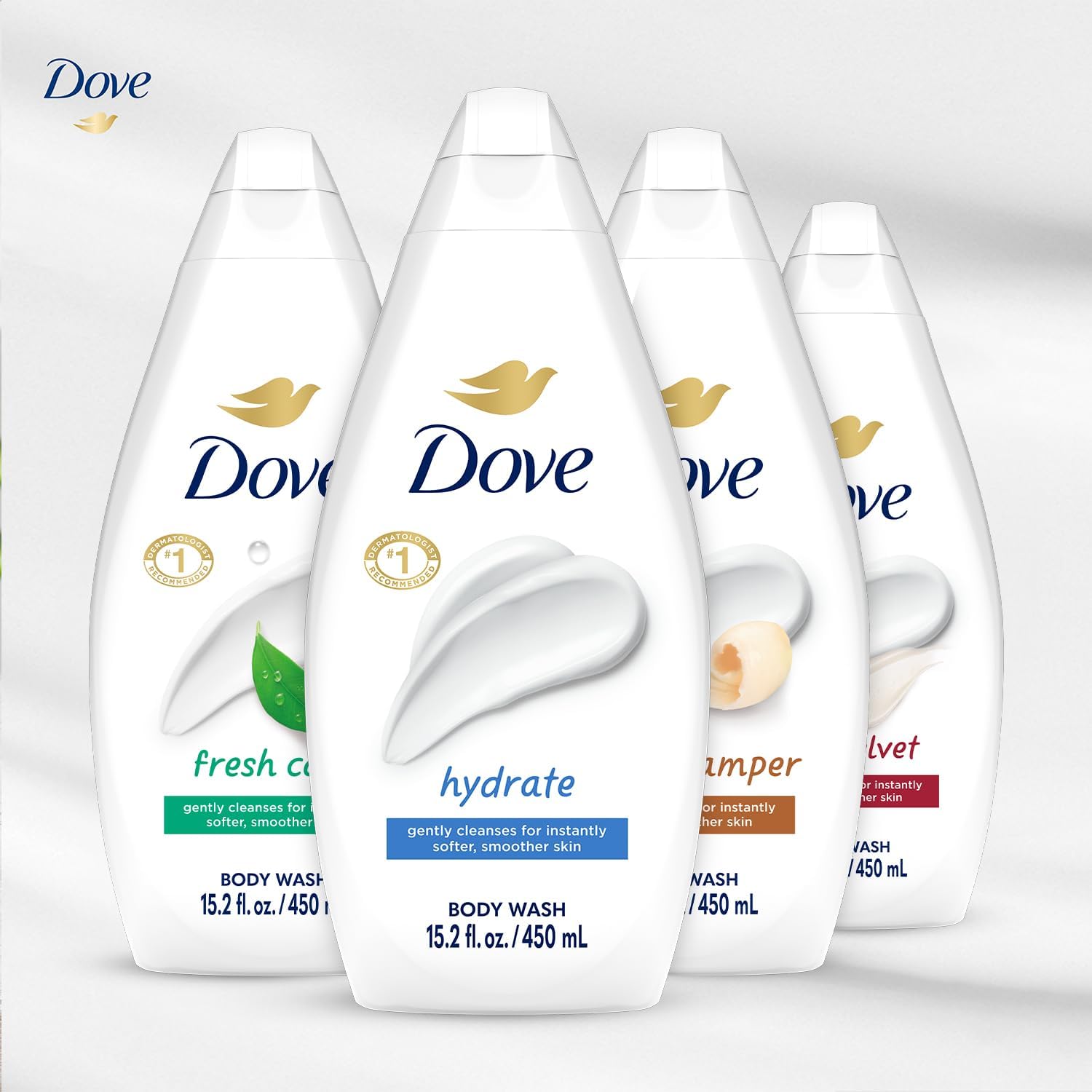 Dove Silky Velvet bottle front with luxurious fragrance and smooth skin feel
