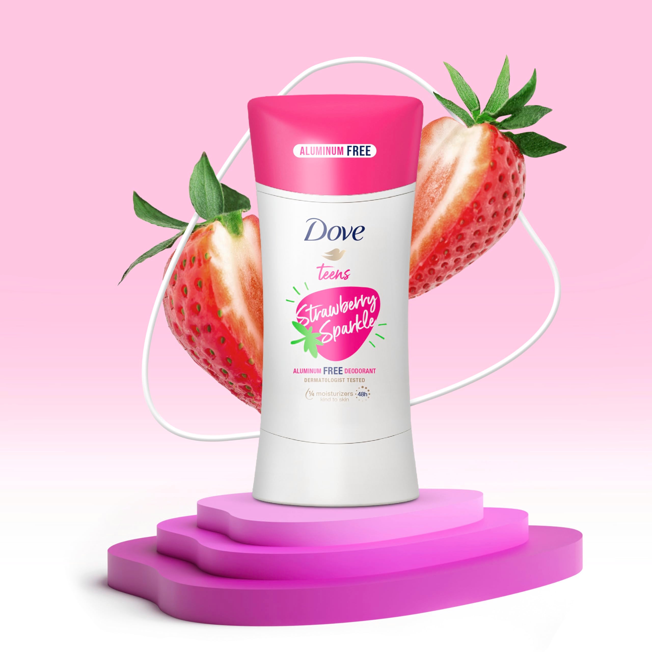 Teen applying Dove Teens Strawberry Sparkle Stick for daily freshness.
