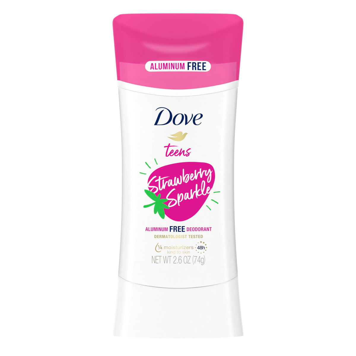 Dove Teens Strawberry Sparkle packaging shows teen-friendly design and gentle care.